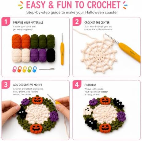 Halloween Crochet Coaster Kit for Beginners,2pcs DIY Fall Craft Set - Image 4