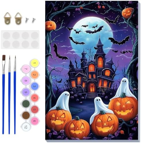 NAIMOER Halloween Paint by Numbers Kits for Adults Beginner with Wooden Framed, Ghosts Pumpkin Color by Numbers on Canvas Painting Kits for Adults, Easy Paint DIY Acrylic for Home Wall Decor 8X12 Inch by NAIMOER
