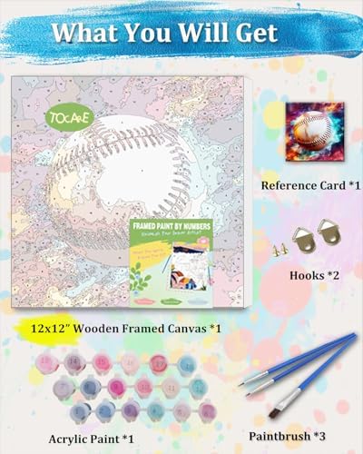 TOCARE Framed Paint by Numbers Kit for Adults Beginners& Kids Ages 8-12, 12x12inch Baseball Paint by Number with Frame,Cartoon Sports Baseball Paint by Numbers Framed Canvas (Without Easel) - Image 3