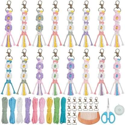 16Pcs Colorful Daisy Keychain Making Kit with Instruction, Adult Boho Macrame Cord Keychain DIY Craft Supplies Kits for Beginners, Elegant Daisy Keychains Decoration for Phone, Car, Key by BEUNITONE