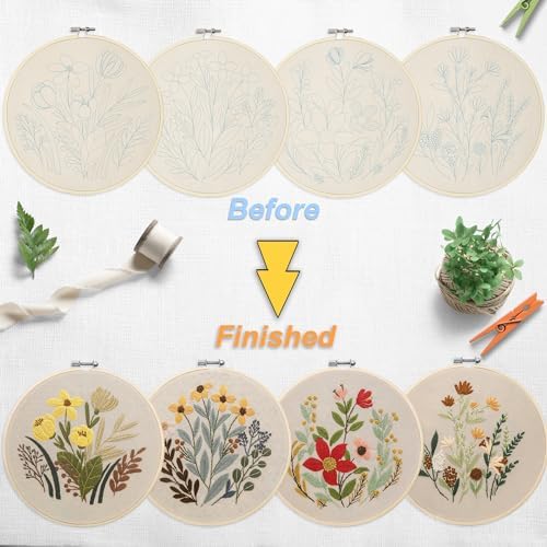 Bonroy 4 Sets Embroidery Set for Beginners, Art Craft, Easy Sewing, Includes Embroidery Clothing, Pattern, Embroidery Hoop, Instruction Manual, Colorful Thread Stitch Set (11) - Image 3