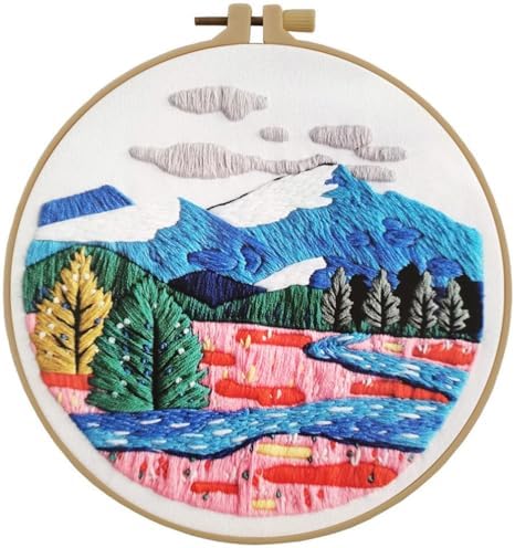 Esffaci Embroidery Starter Kit for Adult Beginner with Mountain Landscape Tree Flower Scenery Pattern Hand Embroidery Set with Embroidery Cloth Floss Hoop Needle Threader and Instruction by Esffaci