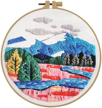 Esffaci Embroidery Starter Kit for Adult Beginner with Mountain Landscape Tree Flower Scenery Pattern Hand Embroidery Set with Embroidery Cloth Floss Hoop Needle Threader and Instruction by Esffaci