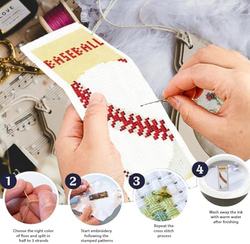 INFUNLY 6 Pcs Baseball Cross Stitch Bookmark Kit with Tassels, Stamped Pre-Printed Embroidery for Adult Beginners, Tools with Floss Scissors Needles Instructions, DIY Gift for Book Lovers - Image 4