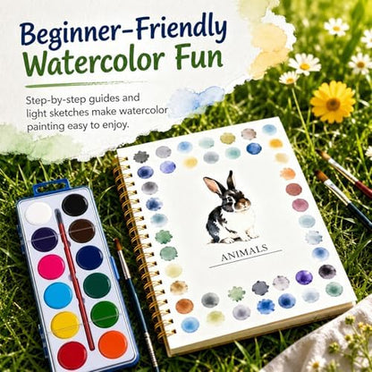 Clhjinruoliu Water Color Workbook,Animals Flowers Ocean Water Coloring Book, Nature Scenes Paint Set Art Crafts, Beginner-Friendly Watercolor Workbook, with 12 Colors Paints Set with Paint Brush,Chris - Image 2