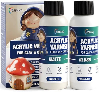 OSBANG Air Dry Clay Glaze Kit, 2-Pack 100ml Gloss and Matte Clear Varnish Top Coat, Protective Sealer for Air-Dry Clay, Polymer Clay and Acrylic Paintings, for Crafts and DIY Projects by OSBANG