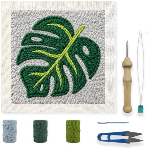 INFUNLY Green Leaf Punch Needle Kits for Beginners Monstera Delicious DIY Punch Needle Embroidery Kit with Instruction Plant Leaf Stamped Handcraft Rug Yarn Hooking Kit for Craft Lovers Home Decor by INFUNLY