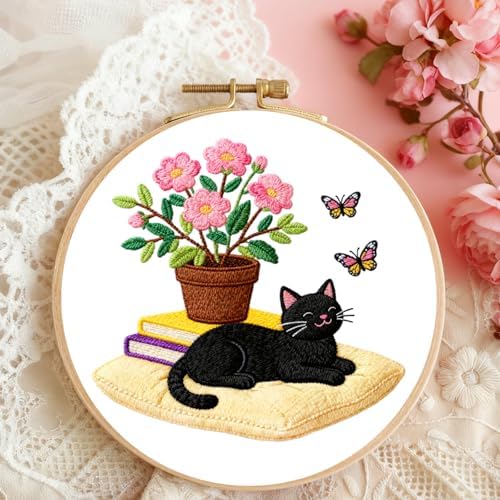 BEUNITONE 4 Set Embroidery Kit for Beginners, Daily Life of Cats Patterns Cross Stitch Kits, Needlepoint Kits for Adults with Hoop, Cute Hand Embroidery Patterns for Cloth and Home Decor - Image 6