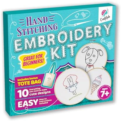 CraftLab Embroidery Kit for Kids - Beginner Sewing Kit with 10 Projects, Hoops, Thread, Patterns by CraftLab