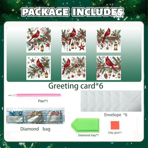 jinglinhh 6pcs Diamond Art Painting Christmas Cardinal Lantern Greeting Cards with Envelopes, DIY Card Making Kits for Adults, Diamond Art Christmas Cards for Birthday Holiday Postcards - Image 3