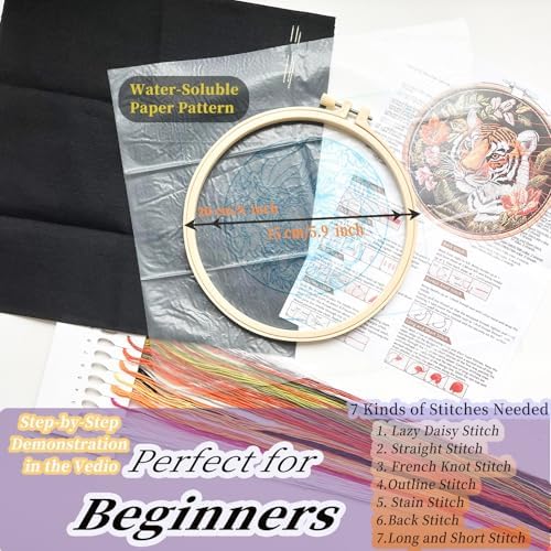 FONNUY Tiger Floral Embroidery Kit, Cross Stitch Kits for Beginners, Handmade Crafts with Printed Patterns for Beginner Adults, Easy to Follow Color Thread Needlework, 8'' Hoop - Image 6