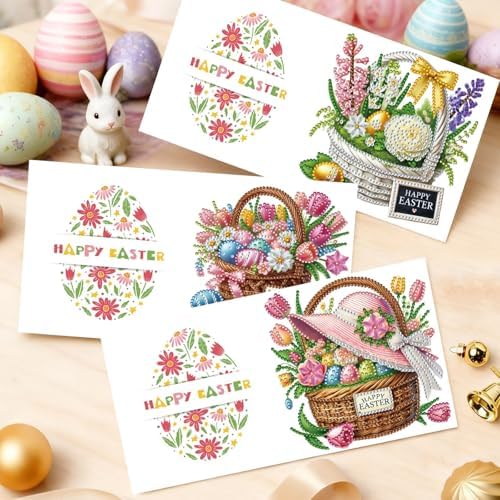 6Pcs Easter Greeting Card DIY Diamond Art Painting Greeting Cards Special Shaped Diamond Blessing Folding Card Kit Arts Crafts for Holiday Festival-Flower Baskets - Image 2