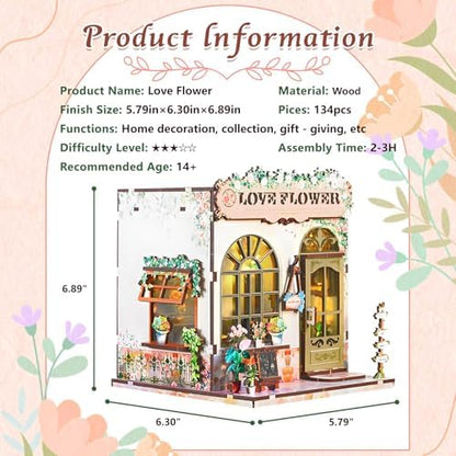 DIY Miniature House Kit, Flower Shop Book Nook Kit, Mini House Building Kit, Miniature Dollhouse Kit for Adults and Teens, 3D Wooden Puzzles with LED Light, Bookshelf Craft Kit for Family and Friends - Image 2