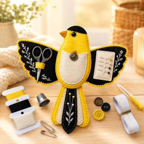 Bird-Shaped Felt Sewing Organizer DIY Kit, Handmade Needlepoint Embroidery Craft Set for Beginners Adults, Woodland Bird Design, Gift for Quilters, Charming Vintage Decor(Golden Finch) by Unknown