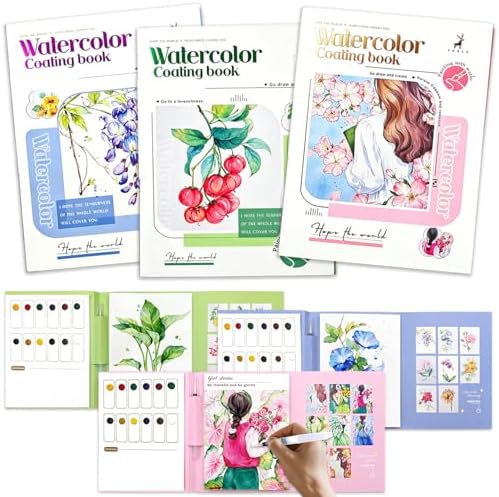 NaTuGi 3Pac Watercolor Workbook for Adults,Watercolor Coloring Book,Portable Watercolor Painting Books,Creative Stress Relief Kit,Suitable for Beginners Birthday Gift (Flower and Girl Series 3pc) by Unknown