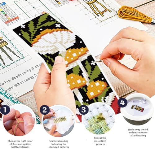 ACRNIGHEET 6PCS Cross Stitch Bookmark Kit for Beginner Stamped Cross Stitch Kits for Adults Mushroom DIY Tassel Embroidery Bookmark Kits Needlepoint Kit with Instructions Craft Gift 8.5''x3'' 11CT - Image 4