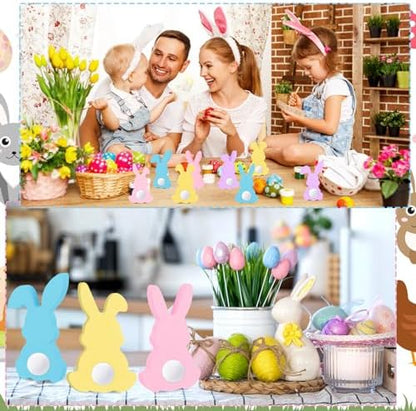 Menkxi 22 Pcs Easter Wooden Bunny Cutouts for Crafts Unfinished Easter Wood Cutouts Bunny Table Sign Rabbit Tabletop Decoration with 22 White Felt Balls Pom Ball 60 Adhesive Dots for DIY Craft Spring - Image 4