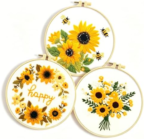 Zhenqing Sunflower Embroidery Kit 3 Designs | 11.4"x11.4" Beginner-Friendly Hand Embroidery Set with Hoop & DMC Threads | DIY Home Wall Decor, Mindful Gift for Mothers Day C0005 by ZhenqingHomeFlagship