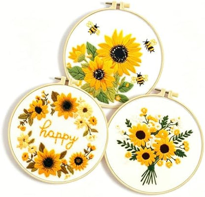 Zhenqing Sunflower Embroidery Kit 3 Designs | 11.4"x11.4" Beginner-Friendly Hand Embroidery Set with Hoop & DMC Threads | DIY Home Wall Decor, Mindful Gift for Mothers Day C0005 by ZhenqingHomeFlagship