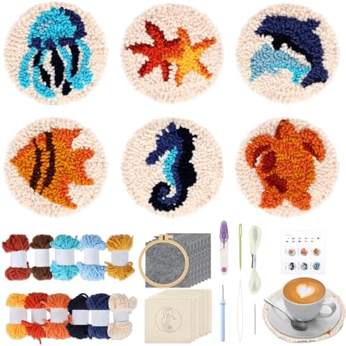 Ocean Punch Needle Coaster Kit for Beginners 6 Sea Animals Design Coasters Easy Punch Needle Embroidery Kit for Adults Kids DIY Tufted Pads with Adhesive Felt Yarns Tools Embroidery Hoop Instruction by Justforjoyful