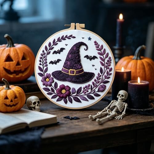 FONNUY Halloween Embroidery Kits for Beginners,Skull Pumpkin Spider Web Floral Stamped Cross Stitch Kit for Adults, Spooky Season Boho Wall Decor, 8'' Hoop (Witch Hat) - Image 4