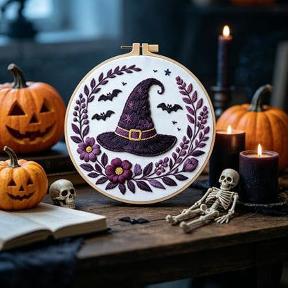 FONNUY Halloween Embroidery Kits for Beginners,Skull Pumpkin Spider Web Floral Stamped Cross Stitch Kit for Adults, Spooky Season Boho Wall Decor, 8'' Hoop (Witch Hat) - Image 4