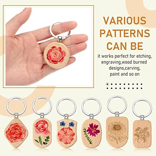 Cunno 40 Pcs Wood Keychain Blanks Unfinished Key Ring, Assorted Shapes - Image 4