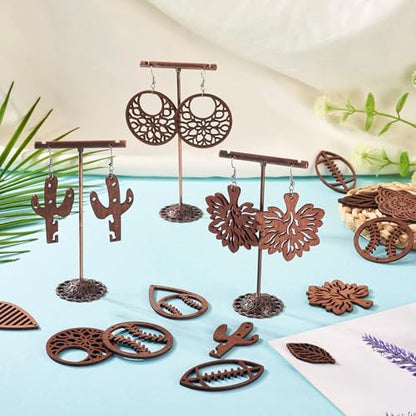 Elecrelive 12 Pairs Filigree Wood Dangle Earring Kits Leaf Teardrop Cactus Baseball Rugby Wooden Earring Pendants Saddle Brown with Ear Wires for Jewelry Craft Making - Image 3