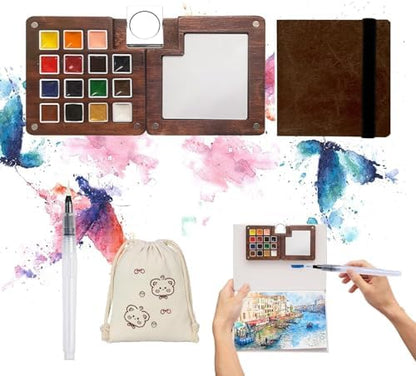 Travel Watercolor Paint Set - Pocket 15-Color Mini Kit with Sketchbook by GOOTXUSK