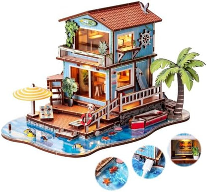 3D Wooden Puzzle Seaside Cottage DIY Miniature Building Kit with LED Lights - Wooden Beach Vacation Craft Model Rural Coastal Home Décor for Adults by MakeLifeEasier