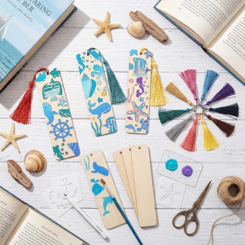 TaoBary 92 Pcs 4.8 x 1.3 Inch Ocean Wood Bookmark Making Kit Includes 36 Unfinished Blank Bookmarks 36 Tassels 20 Templates, Back to School DIY Painting Craft for Home Class Holiday Teachers Gift - Image 6