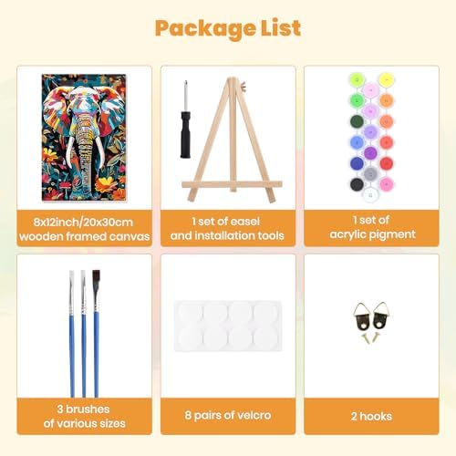 MXJSUA Colorful Floral Elephant Paint by Numbers Kit with Frame for Adults, Animal Easy Beginners Paint by Number on Canvas with Easel, Acrylic Number Painting Craft Gifts for Home Decor, 8x12 inch - Image 7