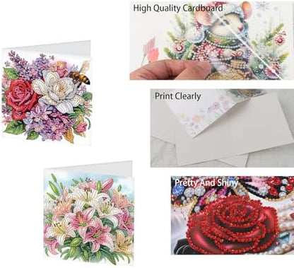 TDFERAN 8 Packs DIY Mosaic Kits for Adults Flowers Diamond Painting Cards Holiday Valentines Day Craft Making Kit Diamond Art with Envelopes Diamonds for Birthday Thanksgiving Day All Occasion Card - Image 3