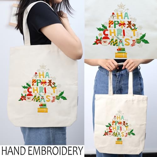 Canvas Tote Bag Embroidery Kit with Pattern for Beginners, Arts and DIY Embroidery Crafts Kits for Adults, Instructions, Thimble, Embroidery Hoops, Color Threads (Beige, CR002 Christmas Tree) - Image 2