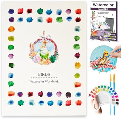 Watercolor Workbook, Water Coloring Book with 13 Pages 300GSM Paper, 26 Colors Watercolor Paint Set with Brush & Storage Bag, Beginner-Friendly Coloring Book for Adults，Birds Theme by Unknown