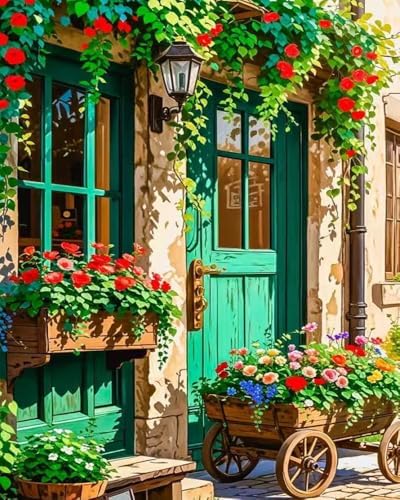 Landscape Paint by Numbers Kit for Adults Beginner,Flowers House,16x20" by ZRIZQ