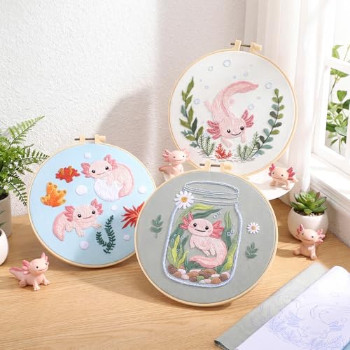 Mindsoft 3 Set Needlepoint Kit for Beginners with Hoop,Axolotl - Image 2