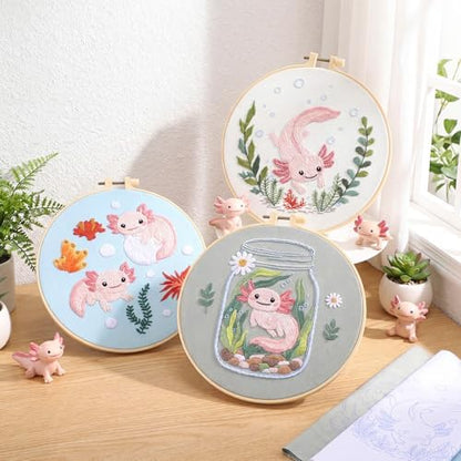 Mindsoft 3 Set Needlepoint Kit for Beginners with Hoop,Axolotl - Image 2