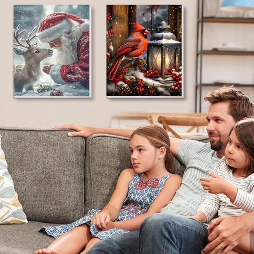VIGEGU 2 Pack Christmas Paint by Numbers Kit for Adults with Framed,Santa Claus Deer Cardinal Lantern Paint by Number DIY Adult Paint by Number Kits for Wall Decor 9.4x12in - Image 2