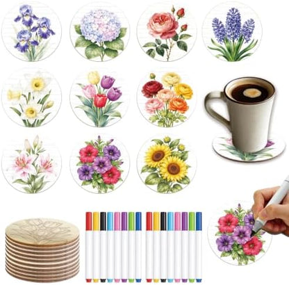 26PCS Wood Coasters Craft Kit 10 Paint You Own Coaster with 16 Pens Wooden Coaster Painting Set for Adults and Beginners Coasters for Drinks Bouquet Painting Crafts Art Supplies (Bouquet) by TWINKLEMON