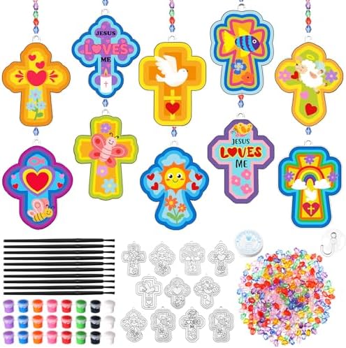 Dunzoom 30 Set Christian Cross Craft Kit - DIY Sun Catchers for Sunday School, Church, Home Decor, Stained Glass Style Cross Decorations, Religious Craft Supplies by Dunzoom