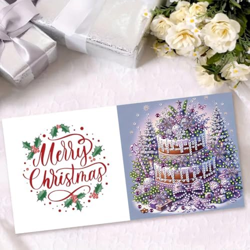 jinglinhh 6pcs Diamond Art Painting Purple Christmas House Candle Ornaments Greeting Cards with Envelopes, DIY Card Making Kits for Adults, Diamond Art Postcards Christmas Cards Craft Gifts - Image 5