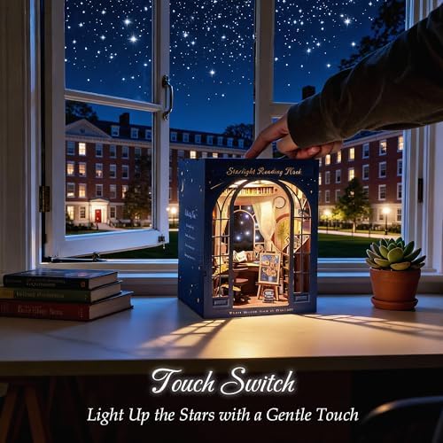 DolphinIsle Book Nook Kits for Adults, DIY Booknook Bookshelf Decor 3D Wooden Puzzle Starlight Reading Nook with Twinkling Starry Sky - Image 5