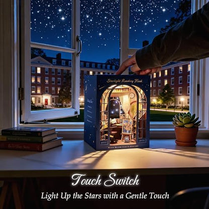 DolphinIsle Book Nook Kits for Adults, DIY Booknook Bookshelf Decor 3D Wooden Puzzle Starlight Reading Nook with Twinkling Starry Sky - Image 5