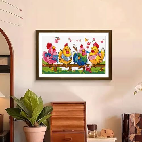 Zhenqing Knitting Chickens Stamped Cross Stitch Kit, 11CT Printed Pattern on White Cotton Fabric, Farmhouse Chicken Decor - Image 2