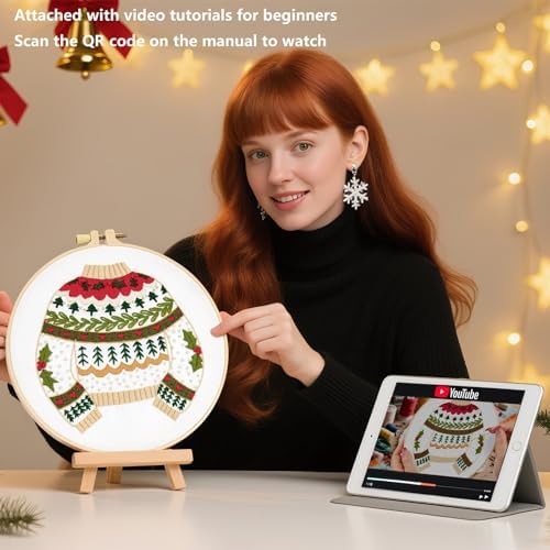 Crafmanoe Christmas Embroidery Kits for Beginners Embroidery Stitches Practice Kits for Adults, Christmas Cross Stitch Kits for Beginners Craft Kits, Embroidery Hoops, Fabric, Threads & Video Tutorial - Image 3