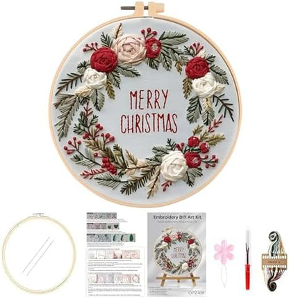 Huacan Embroidery Kits for Adults Beginner DIY Cross Stitch Stamped Christmas Pattern Stitching Wreath Sewing Kit 1 Piece 7.8 x 7.8 Inch by Home