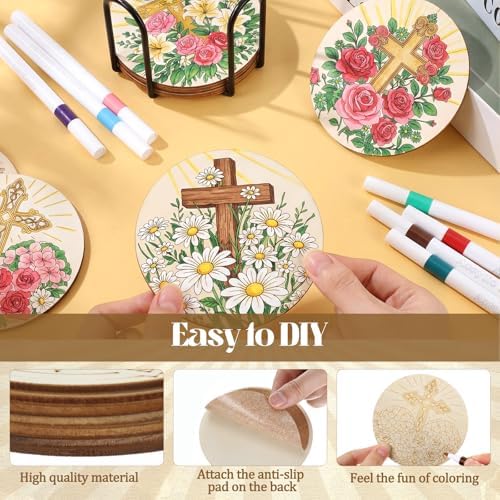 Reallnaive 45 Pcs Cross Wooden Coasters Painting Kit, 4 Inch Paint Your Own Christian Coasters with Markers, Religious Easter Arts and Crafts for Adults Women Seniors Elderly Crafters Gifts - Image 4