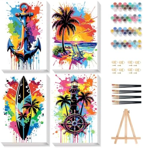 Gemozaic 4-Pack Beach Paint by Numbers Kit for Adults with Frame & Easel by Gemozaic