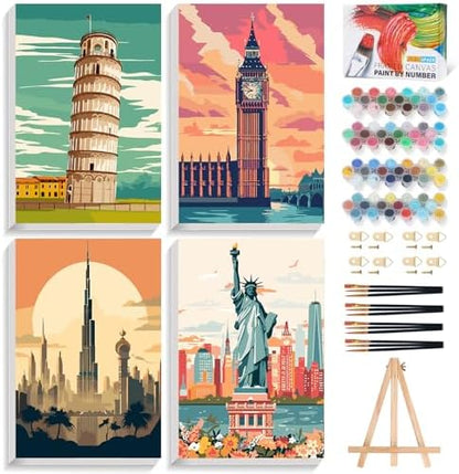 4 Pack Framed Paint by Numbers Kit for Adults with Wooden Easel, 8x12 Inch by Offito